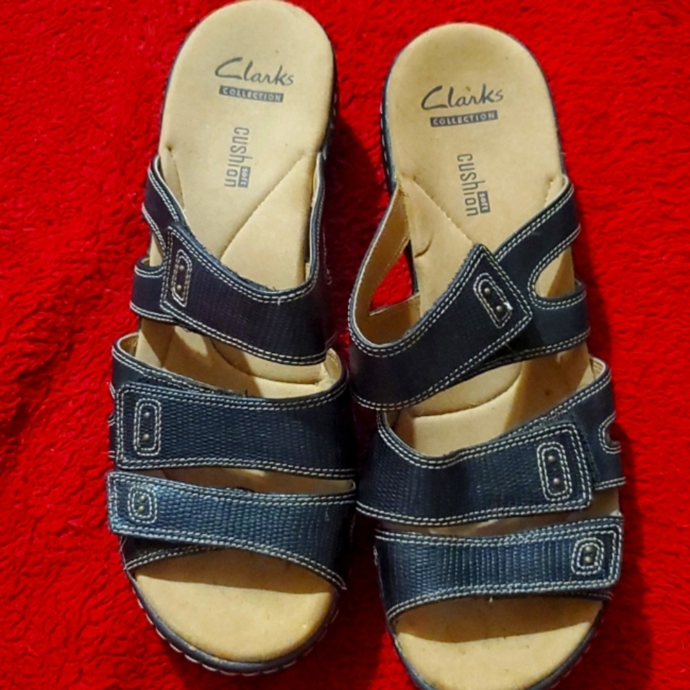 Black Clarks soft cushion slipons size 8.5
